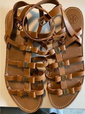 Tory Burch Cognac Leather Bow-Strap Gladiator Sandals
